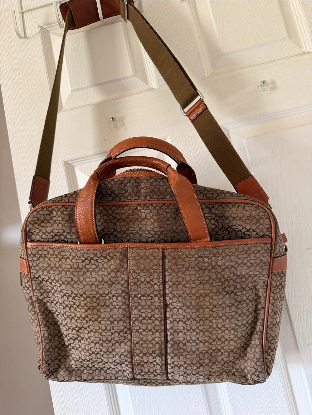 Large Coach Signature Canvas Briefcase with Tan Leather Trim